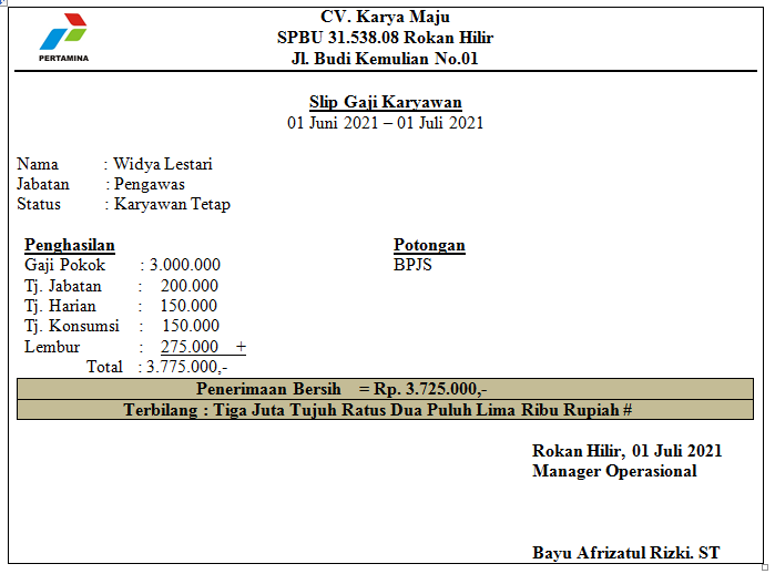 Contoh Slip Gaji Karyawan Pertamina