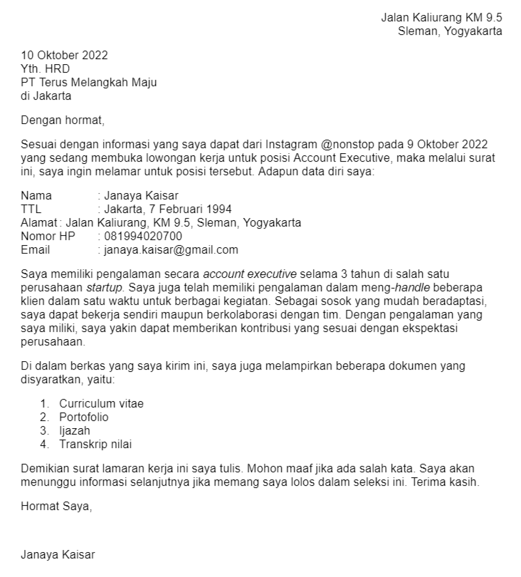 Contoh Application Letter Bahasa Indonesia