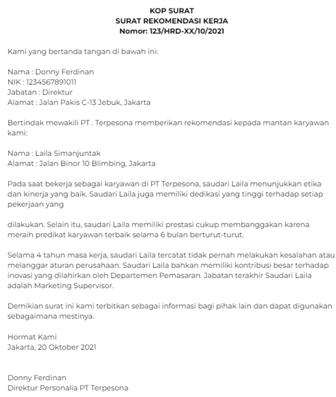 Contoh Rekomendasi Kerja