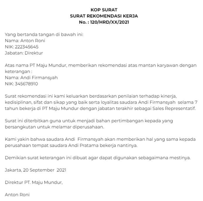 Contoh Surat Rekomendasi Lamaran Kerja