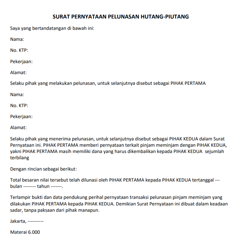 Contoh Surat Pernyataan Pelunasan Hutang Piutang