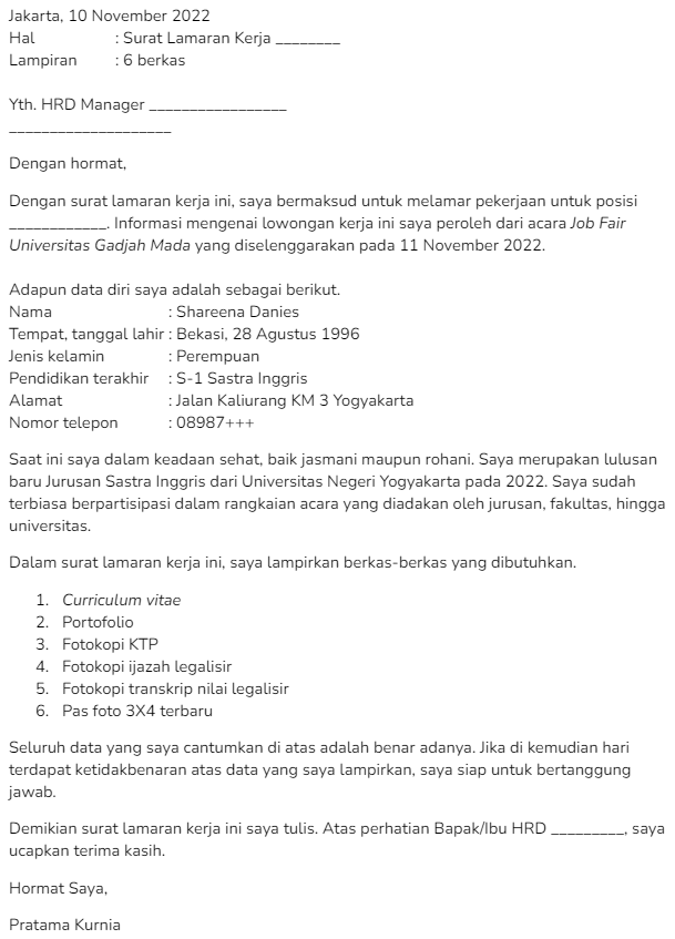 Contoh Surat Lamaran Kerja untuk Job Fair