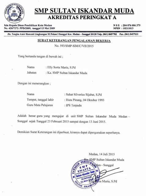 Contoh Reference Letter untuk Guru