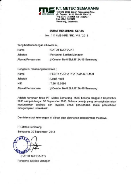 Contoh Surat Referensi dari Perusahaan Swasta