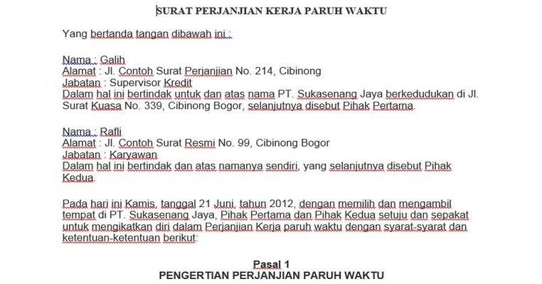 Perjanjian Kerja Paruh Waktu